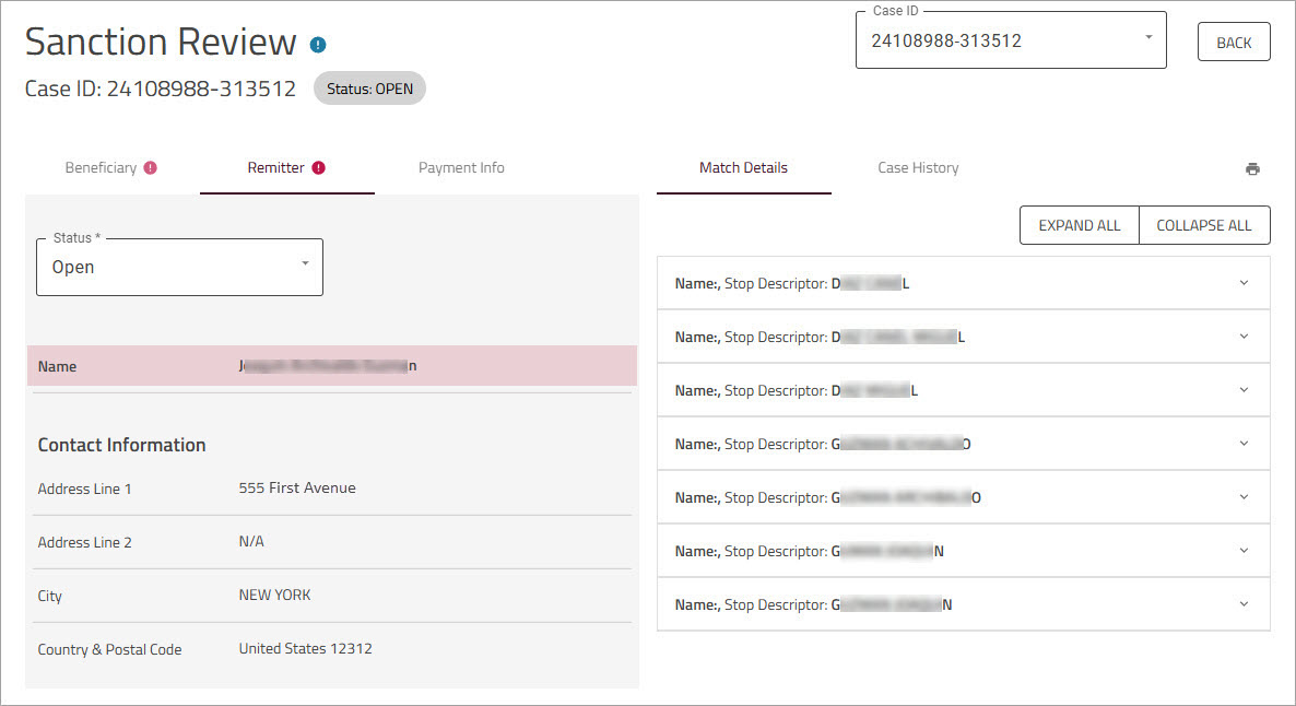 Sanction Review Remitter tab